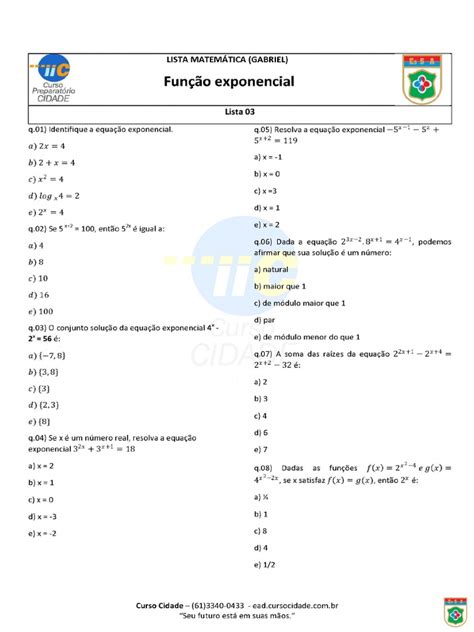 Lista Matemática Função Exponencial Pdf