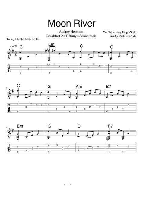 Audrey Hepburn Moon River Soundtrack By Easy FingerStyle Tab Sheet