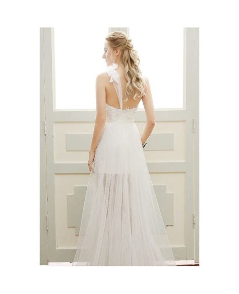 Goddess A Line One Shoulder Floor Length Tulle Beach Wedding Dress With