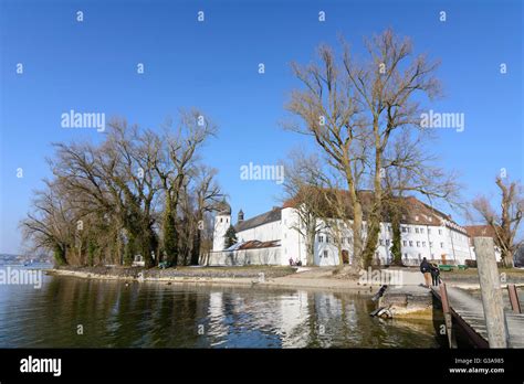 island Fraueninsel in lake Chiemsee, monastery with bell tower, Germany ...