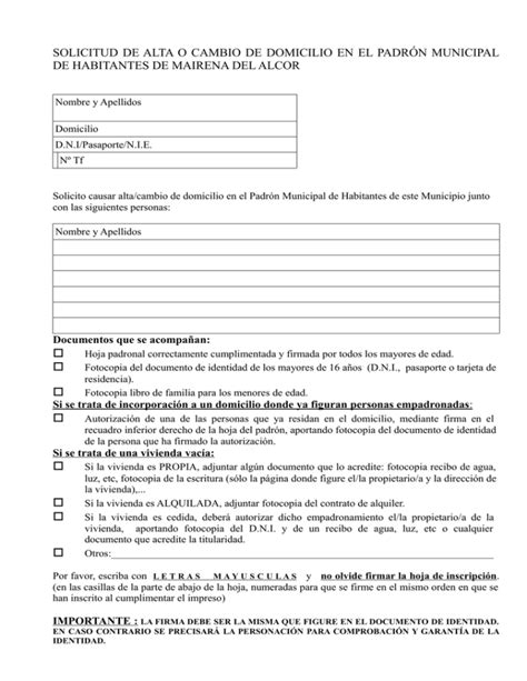 Solicitud De Alta O Cambio De Domicilio En El Padr N Municipal De