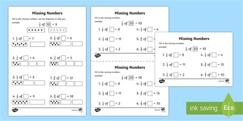 Fractions Missing Numbers Worksheets Maths Resources