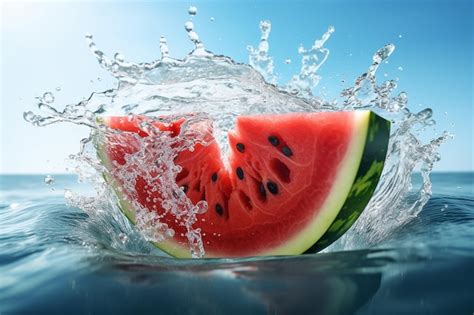 Premium AI Image Splash Water Of Fresh Watermelon Slice With Summer