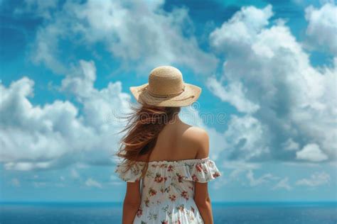 Beach Vacation Woman In Sunhat Standing And Looking View Of Beach Ocean