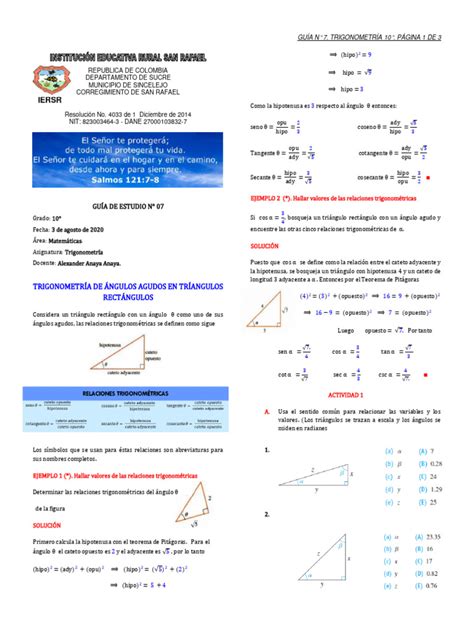 Guía 07 Trigonometría Décimo Pdf Funciones Trigonométricas Trigonometría