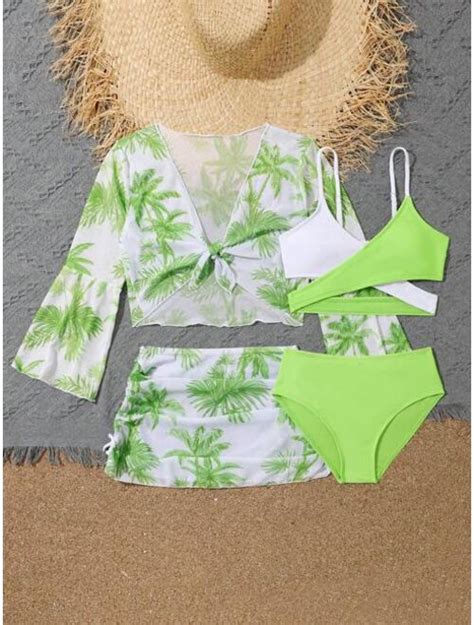 Buy Shein Girls Colorblock Bikini Swimsuit With Coconut Tree Print Cover Up Set Online Topofstyle