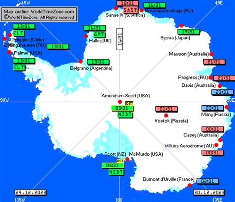 Map of Antarctica with Time-Local Time across Antarctica, 24 hour format