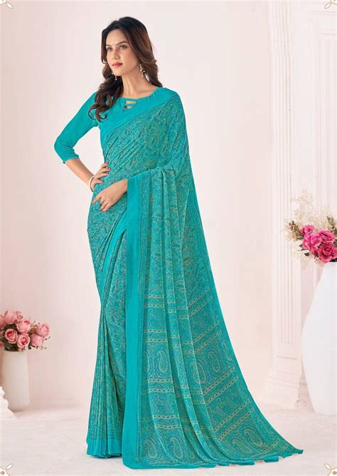 Roop Kashish Turquoise Color Georgette Printed Saree And Blouse Piece Roop Kashish 4217150