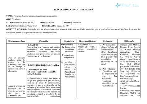 1 Plan De Charla Educativa En Salud PLAN DE CHARLA EDUCATIVA EN SALUD