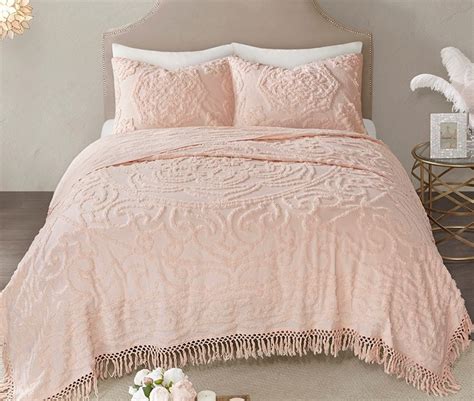 Laetitia Blush Tufted Cotton Chenille Medallion Fringe Coverlet Set