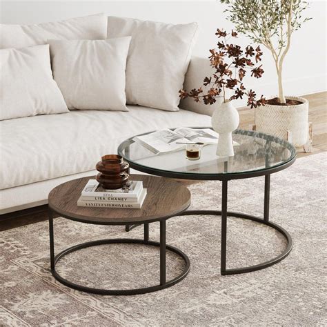 Nathan James Stella 32 In Oak Black Round Glass Nesting Coffee Table