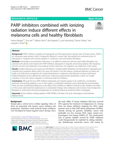 Pdf Parp Inhibitors Combined With Ionizing Radiation Induce Different