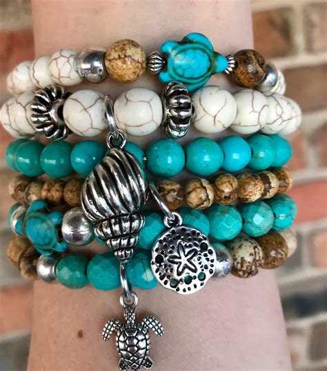 Turtle Lovers Set Of 6 Boho Stacker Stretch Bracelets In Etsy Beaded Memory Wire Bracelets