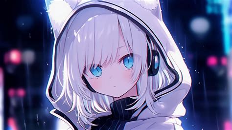 Download Wallpaper 1920x1080 Girl Ears Hood Headphones Anime Blue Full Hd Hdtv Fhd 1080p