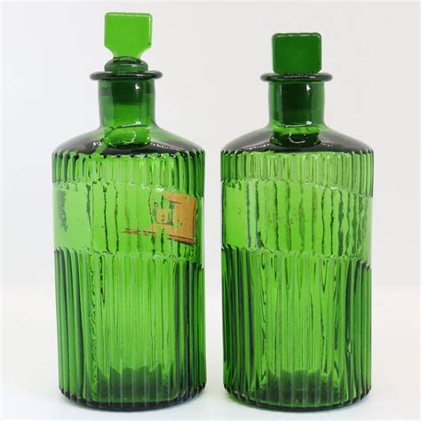 Pair Of English Victorian Glass Emerald Green Fluted Apothecary Chemist