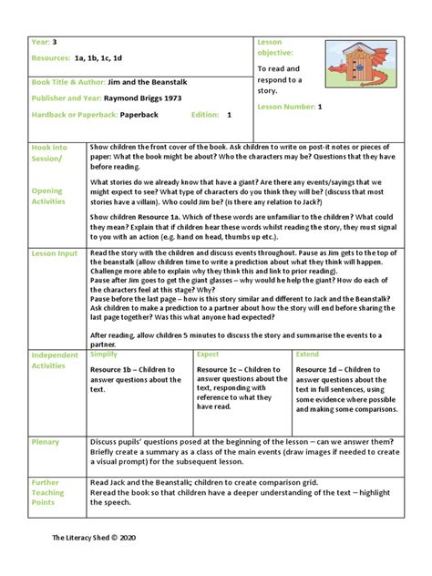 Jim and The Beanstalk by Raymond Briggs 7-9 - Lesson Planning | PDF ...