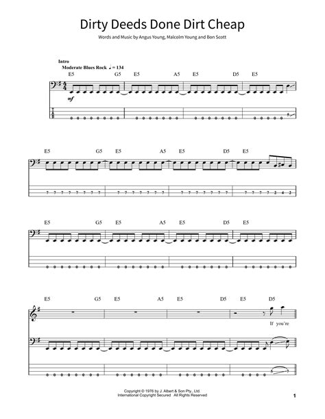 Dirty Deeds Done Dirt Cheap Sheet Music Ac Dc School Of Rock Bass