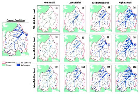 Simulated Surface Water Depth Maps After 5 Years For All 12 Scenarios