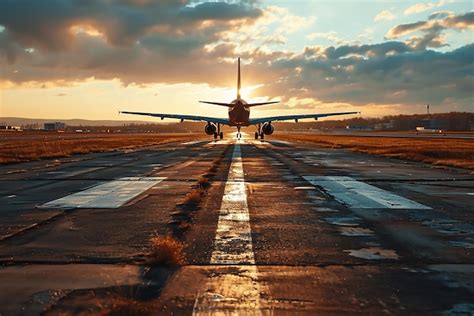 Avión despegando de la pista al atardecer Foto Premium