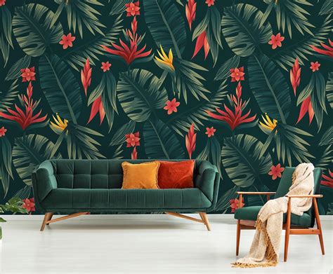 Amazon Murwall Red Floral Wallpaper Palm Leaf Wall Mural Vintage