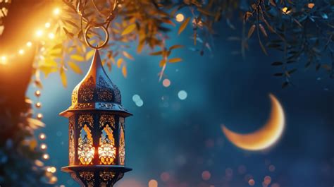 Ramadan Kareem Illustration With Crescent Moon And Lantern Background