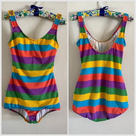 1960s Bobbie Brooks Swimsuit Rainbow Wide Striped Mod… Gem