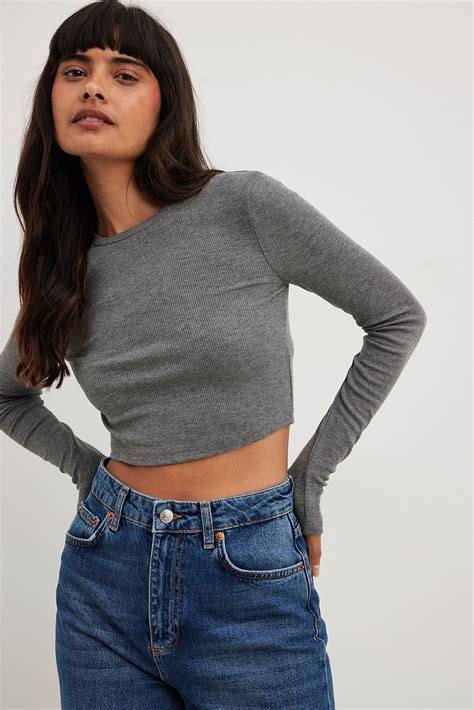 Round Neck Ribbed Long Sleeve Crop Top Grey Na Kd