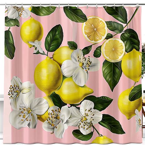 Hyper Realistic Lemon And Flower Shower Curtain Pink Background With Yellow Lemons White Flowers