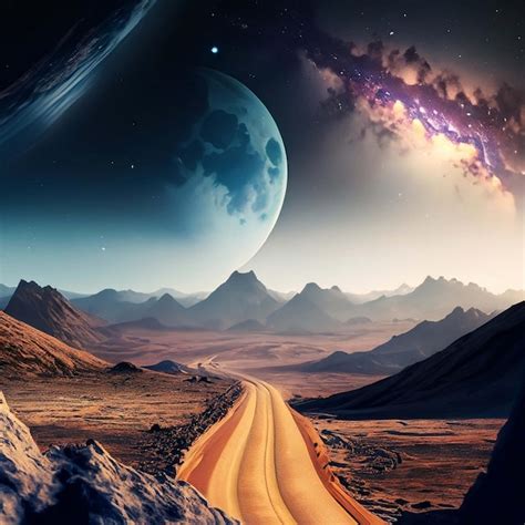 Premium AI Image | space landscape with road to lunar mountains and galaxies