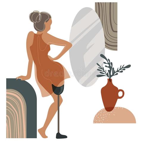 Disabled Young Woman With Prosthetic Leg Standing In Front Of A Mirror Vector Illustration In