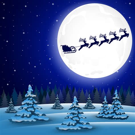 Night Christmas Forest Landscape Santa Claus Flies Reindeer In The Background Of The Moon