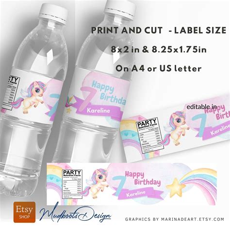 Unicorn Water Bottle Label Rainbow Editable Digital Party Favor Label 8x2 8 5x1 75in