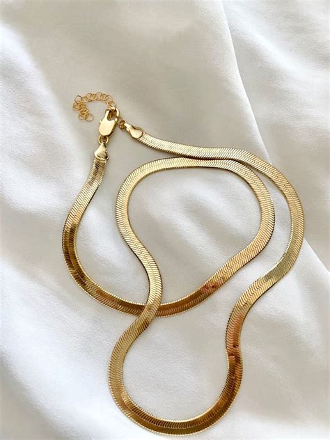 Gold Filled Herringbone Chain Necklace Gold Flat Snake Chain Etsy