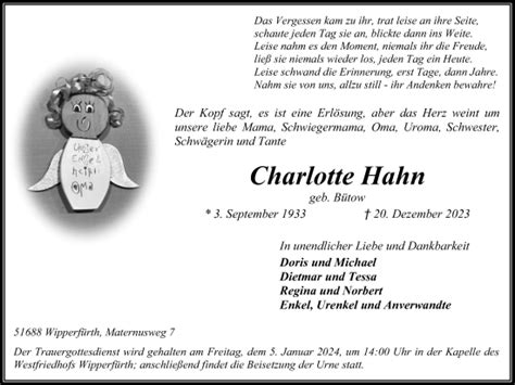 Traueranzeigen Von Charlotte Hahn Wirtrauern