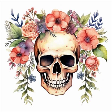 Floral Skulls Watercolor Clipart Premium Ai Generated Image