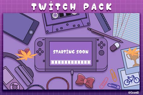 Twitch overlay animated lofi desk scenes aesthetic purple theme cute