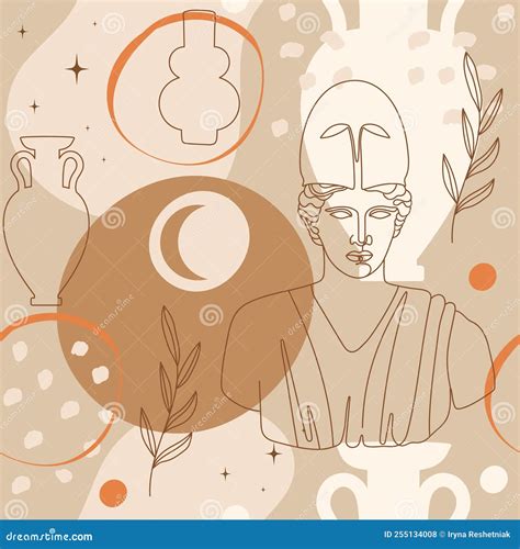 Seamless Pattern with Antique Sculpture of Athena, Abstract Terracotta