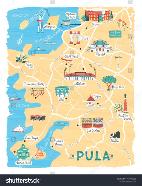 Cartoon Map Pula Croatia Main Tourist Stock Vector Royalty Free