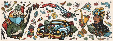 Cuba old school tattoo vector collection. Havana retro cars ...