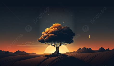 Field Tree Moon Nature Landscape Cartoon Background Decoration ...