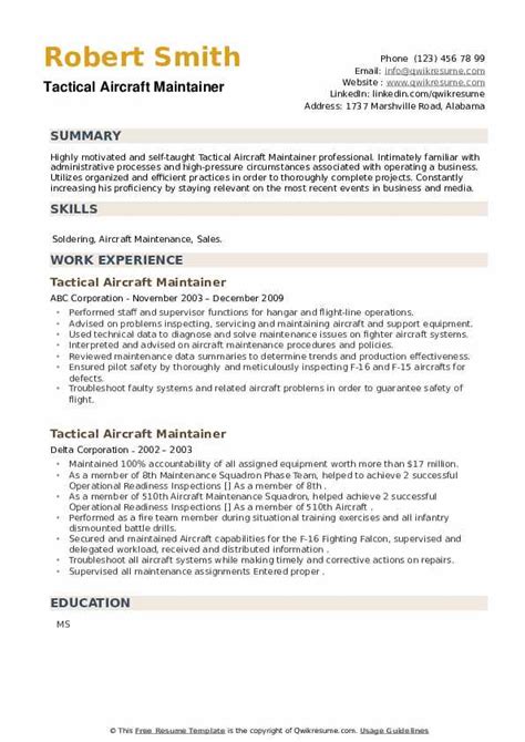 Tactical Aircraft Maintainer Resume Samples | QwikResume