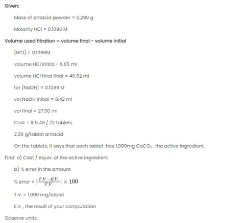 Given Mass Of Antacid Powder 0 290 G Molarity HCl Chegg