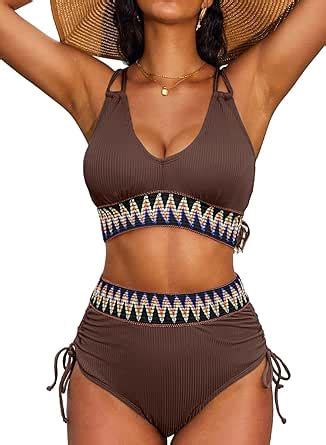 Amazon Herseas Women High Waisted Bikini Sets Swimsuits Color Block 2 Piece Drawstring V