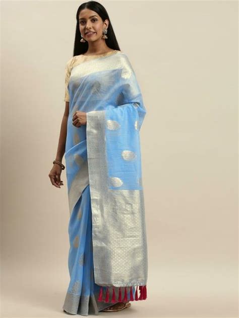 Buy Vastranand Women Blue Cotton Blend Woven Design Saree Online At