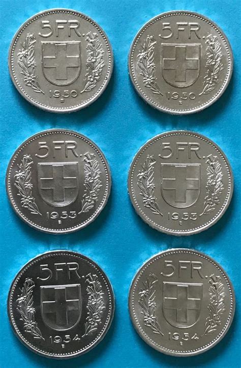 6 schöne Schweizer Silber 5 Franken Münzen 1950 1953 1954 Kaufen auf