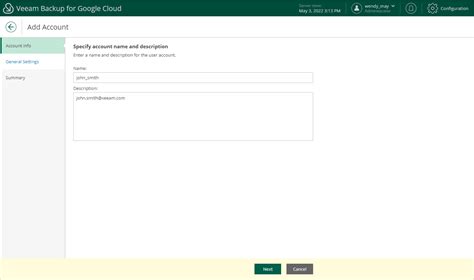 Step Specify Account Name And Description Veeam Backup For Google