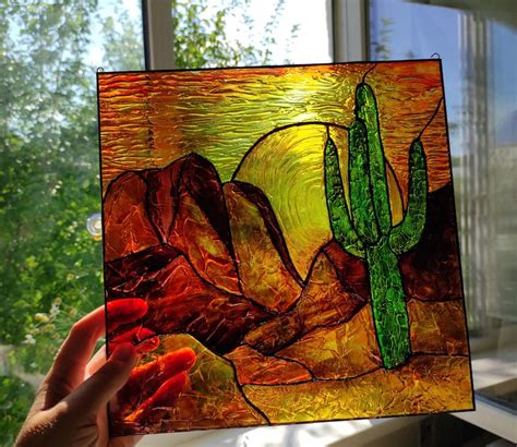 Desert Sunset Decor Saguaro Cactus Suncatcher Stained Glass Etsy