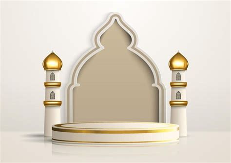 Realistic Islamic product display podium with mosque gate and golden ...