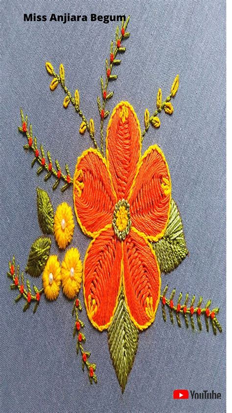 Hand Embroidery Orange Flower In Hand Embroidery Design