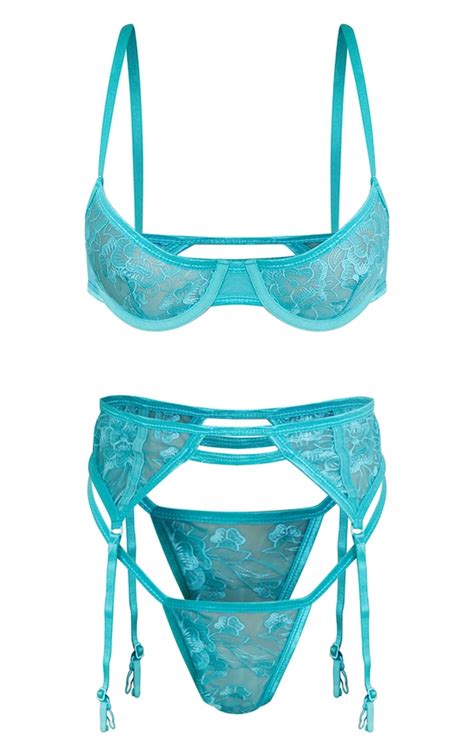 Teal Embroidered Underwired 3 Piece Lingerie Set Prettylittlething Ksa